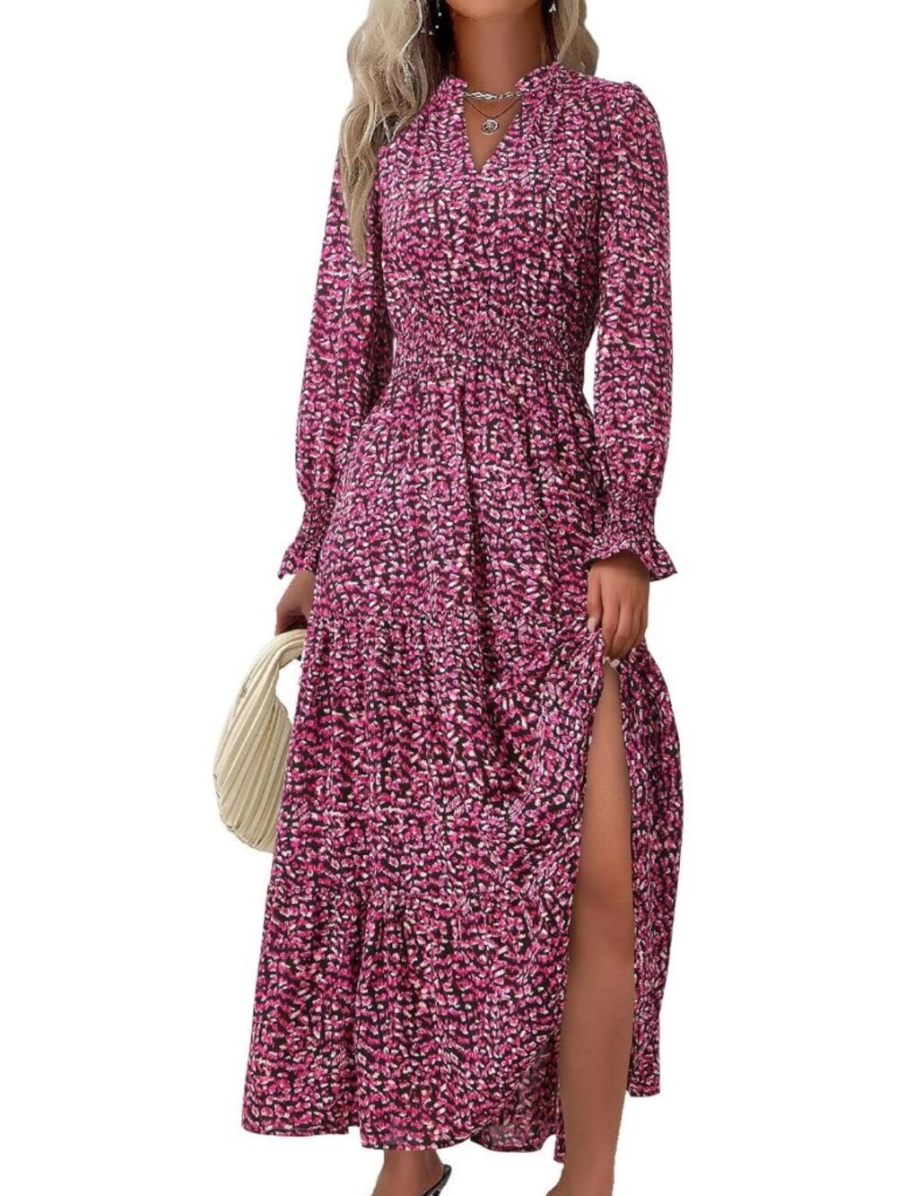 PrettyGarden Women's Floral Red  Black V Neck A Line Flowy Maxi Long Dress